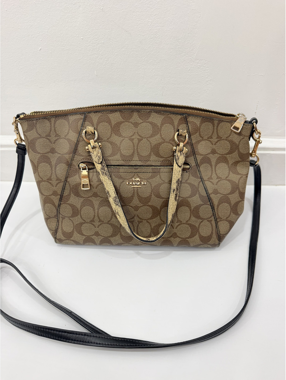 Coach New C4293 Prairie Mix Signature Khaki Zip Satchel Crossbody Bag $378
